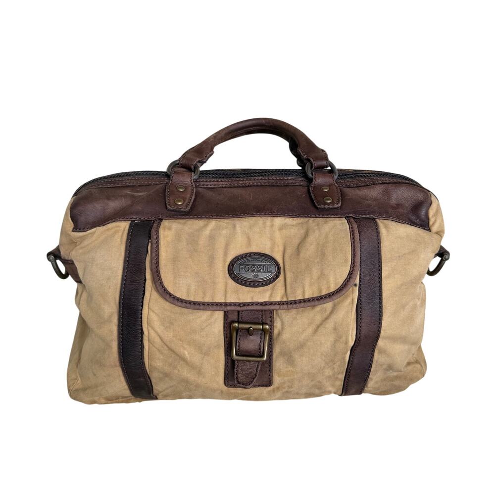 Vintage Fossil Canvas Leather Weekender Travel Duffle Bag Brown Tan